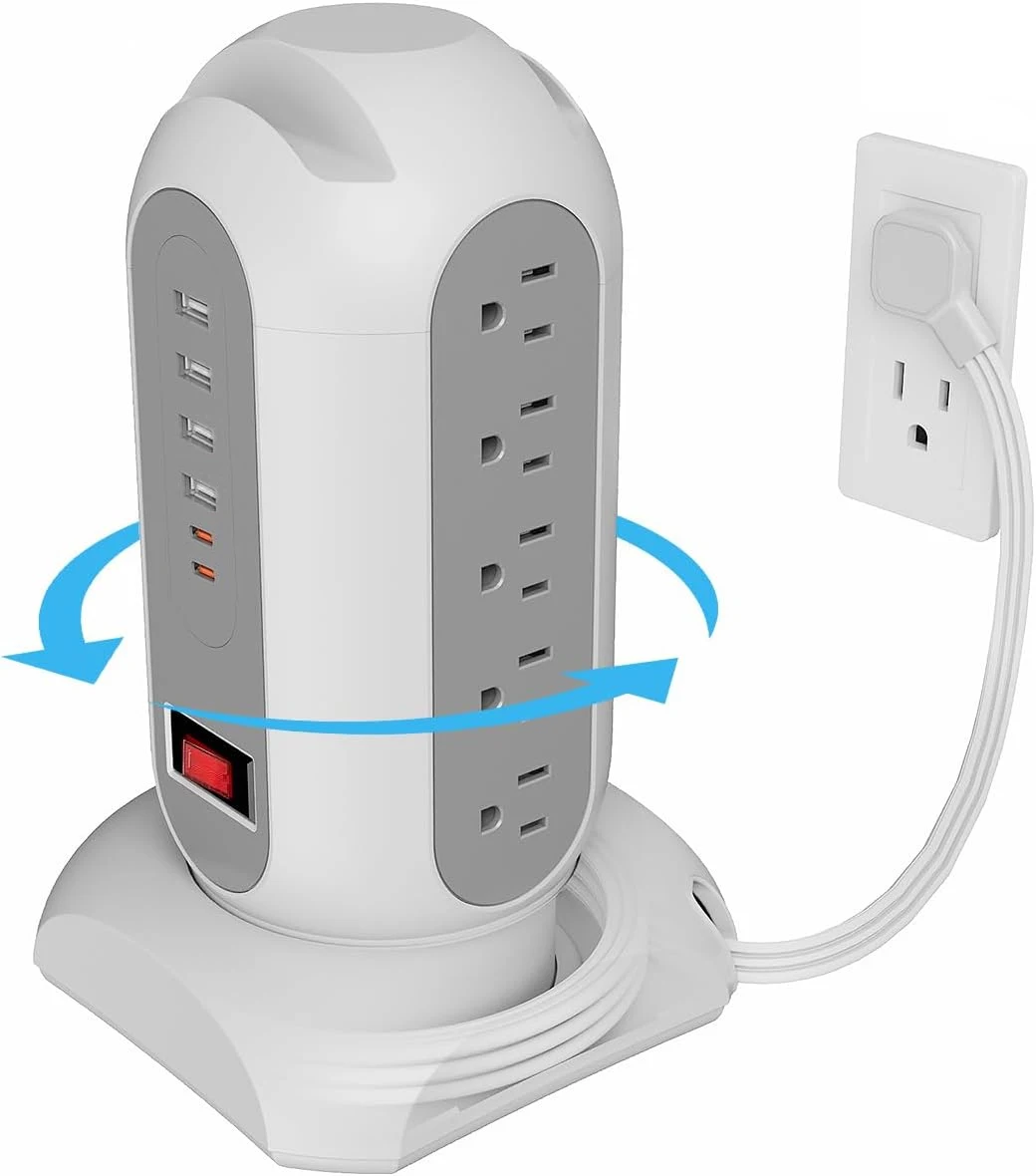 Us Plug Power Strip 15 Ac 1.65m Extension Cord Multitap Outlet Network Filter Overload Switch with 4Usb-A 2Usb-C Ports Charging