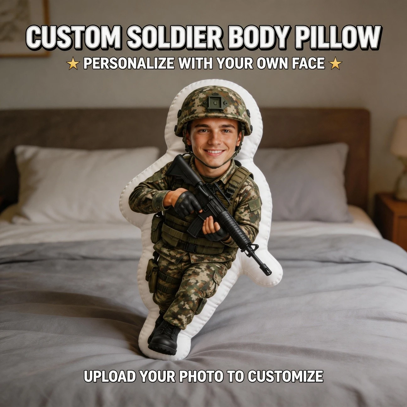 Custom Photo Military Style Shaped Pillow, Personalized Soldier Uniform Decorative Cushion, Unique Home Decor Accent for Sofa &