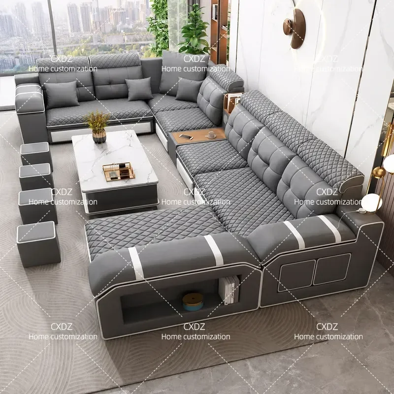 Modern Simple Cat Scratching Leather Sofa Large U Shaped Living Room Couch for Rural Self Built House Multi Functional