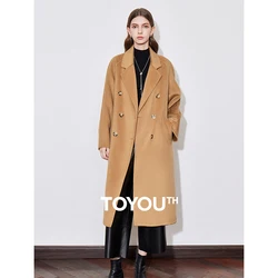 TOYOUTH Women Wool Coat 2024 Autumn Winter New Silk Notched Shawl Collar Double Side Double Single Breasted Button Woolen Coat