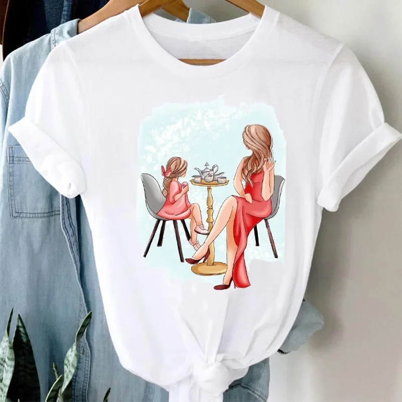 

Women's Retro round Neck T-shirt Family Combination Graphic Top Vintage Short Base Shirt for Casual Wear