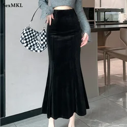 Elegant Velvet Black Long Skirts Women 2026 Casual High Waist Faldas Sexy Mujer Slim Korean Style Y2k Clothes Vintage Midi Skirt