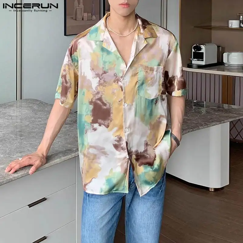 INCERUN Tops 2024 Korean Style Fashion New Men\'s Colorful Tie Dye Shirt Summer Casual Streetwear Male Short Sleeved Blouse S-5XL