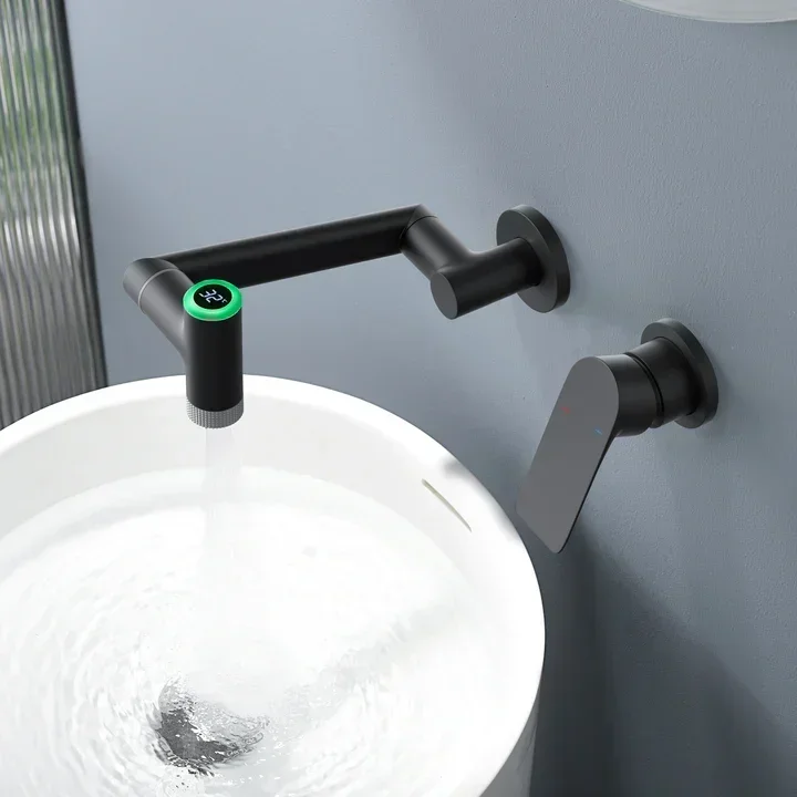 Single handle wall mounted bathroom faucet with temperature display Matt Black