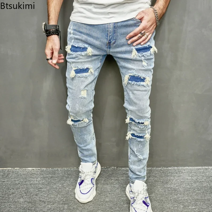 2025 Fashion Casual High Street Trend Ripped Slim Jeans Mid-Waist Elastic Stick Cloth Machine Car Pant Hip Hop Clothing Jeans