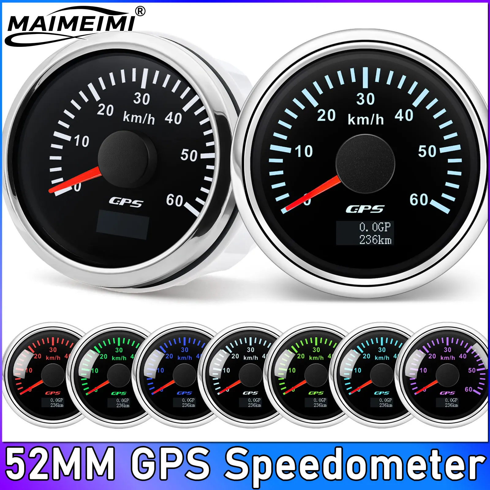 52mm GPS Speedometer 60KMH 0-60 Km/h Odometer Antenna with Trip Meter for Passenger Ships Tractor 12V 24V 7 Colors Backlight