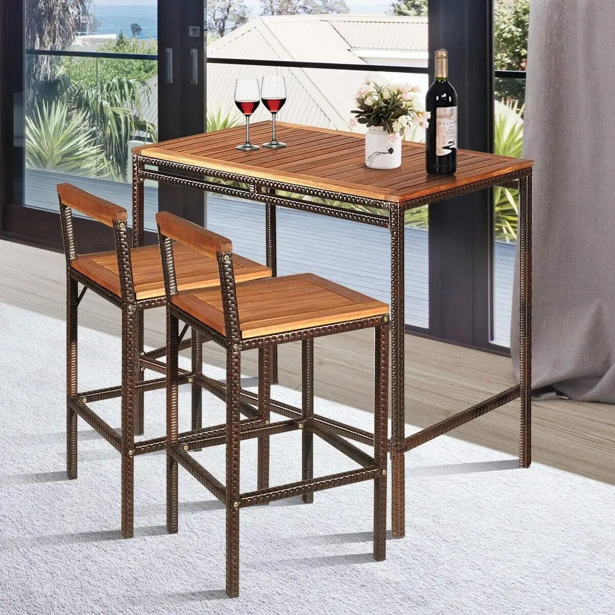 Outdoor Patio Rattan Bar Dining Set Acacia Wood Table & 2 Chairs Space-Saving Compact Easy Assembly, Customized