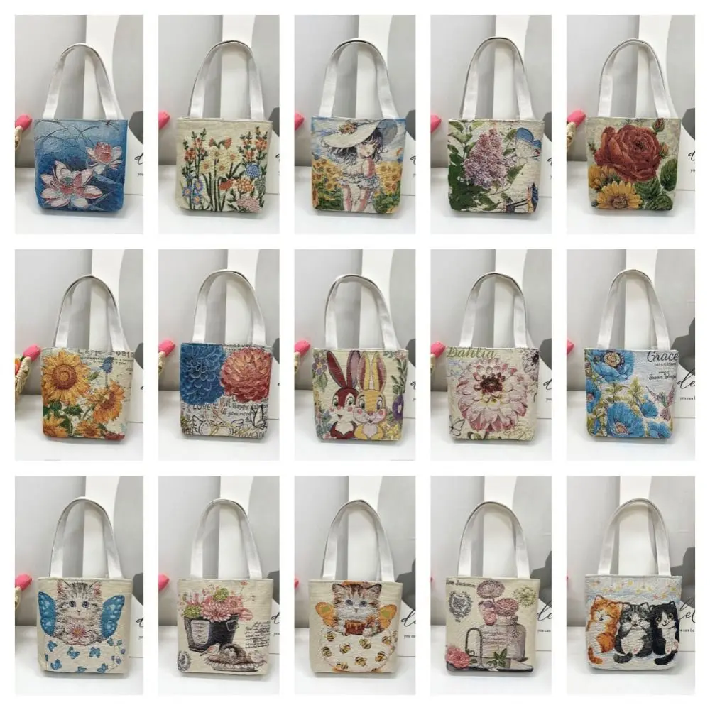 ポータブル蝶刺繍エスニックスタイルハンドバッグ猫鳥キャンバストートバッグプリントショッピングバッグフラワーショルダーバッグデイリー
