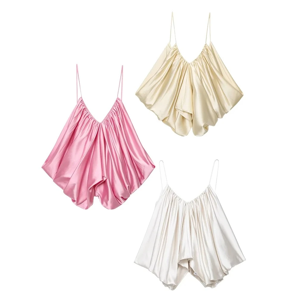 

KONDALA женский сексуальный атласный розовый желтый топ на бретельках, шикарные плиссированные топы с v-образным вырезом, лето 2022, осень, модный праздничный пляжный топ для вечеринок