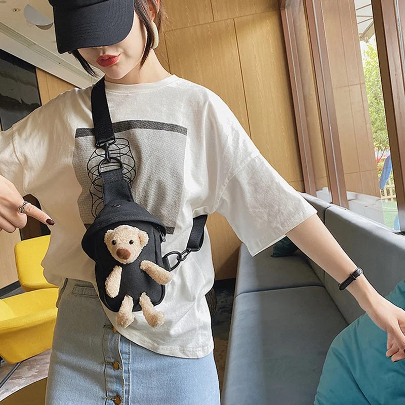 Fashion Cartoon Doll Chest Bag Women's Cute Sports Bear Bag Casual Messenger Bag Mini Student Canvas Bag