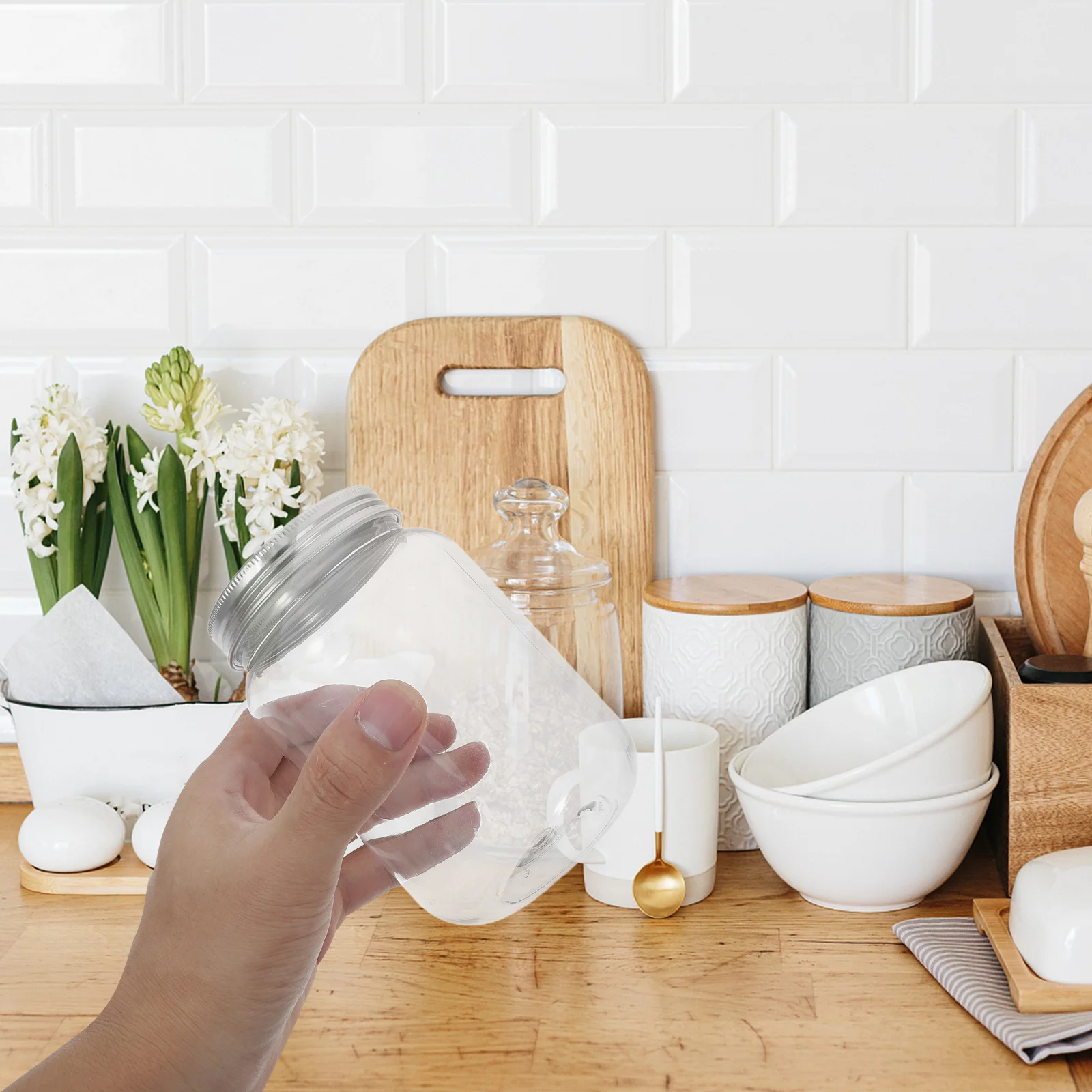 4 vasetti di plastica trasparente con coperchio in alluminio, contenitori ermetici per alimenti secchi, caramelle, snack, cucina, organizzazione domestica