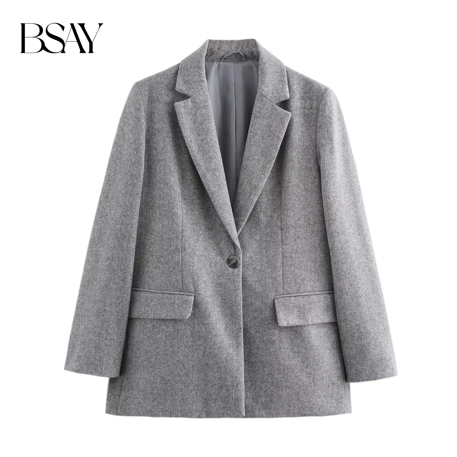 BSAY Wool Blend Suits Jacket for Women Fashion Autumn Long Sleeve Single Buckle Casual Female Flip Pocket Blazers Suit Coat