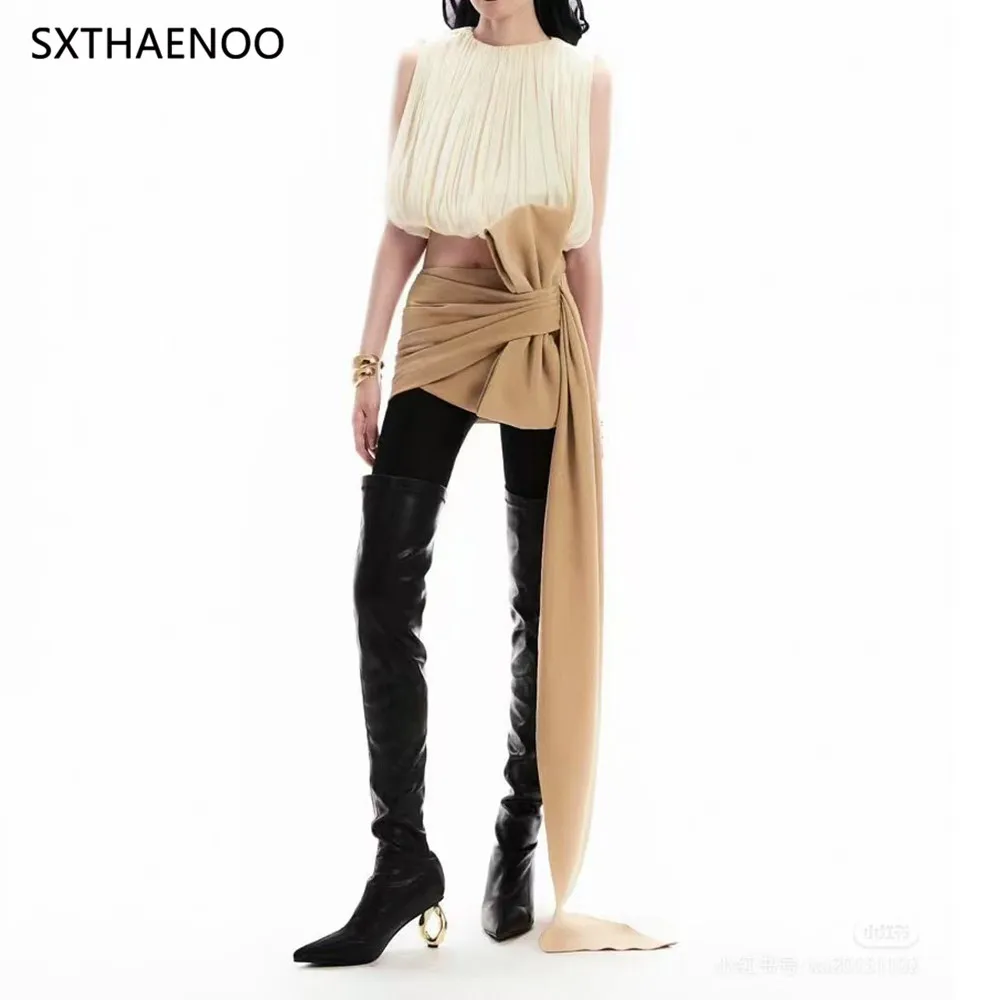 

SXTHAENOO Solid Patchwork Bowknot Slimming Skirts For Women High Waist Bodycon Mini Minimalist Skirts Female Fashion 2025