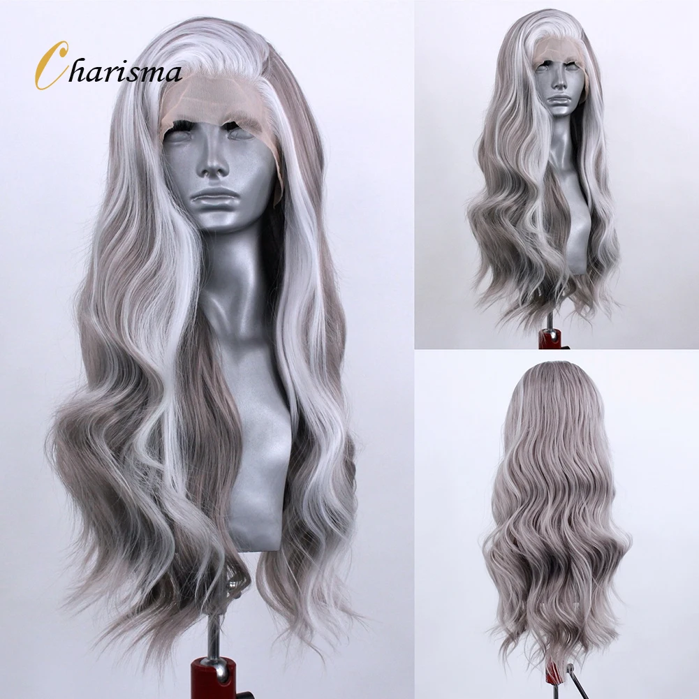 

Charisma Synthetic Lace Front Wigs For Women Long Body Wave Lace Front Wig White Highlight Grey Wigs Pre Plucked Hairline Wig