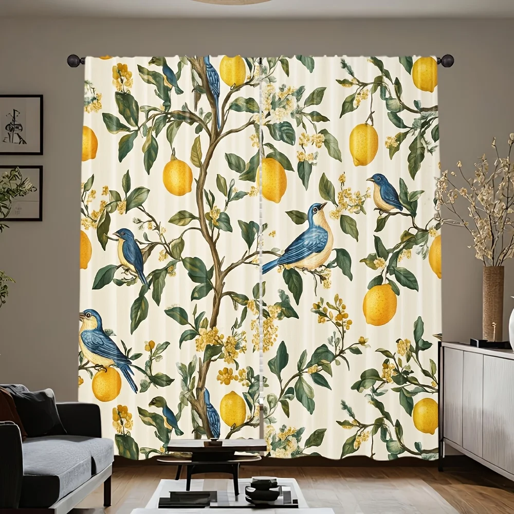 Lemon Tree Curtains 2pcs – Blue Birds & Citrus Fruit on Cream, Vintage Botanical Art for Living Room and Bedroom Decor