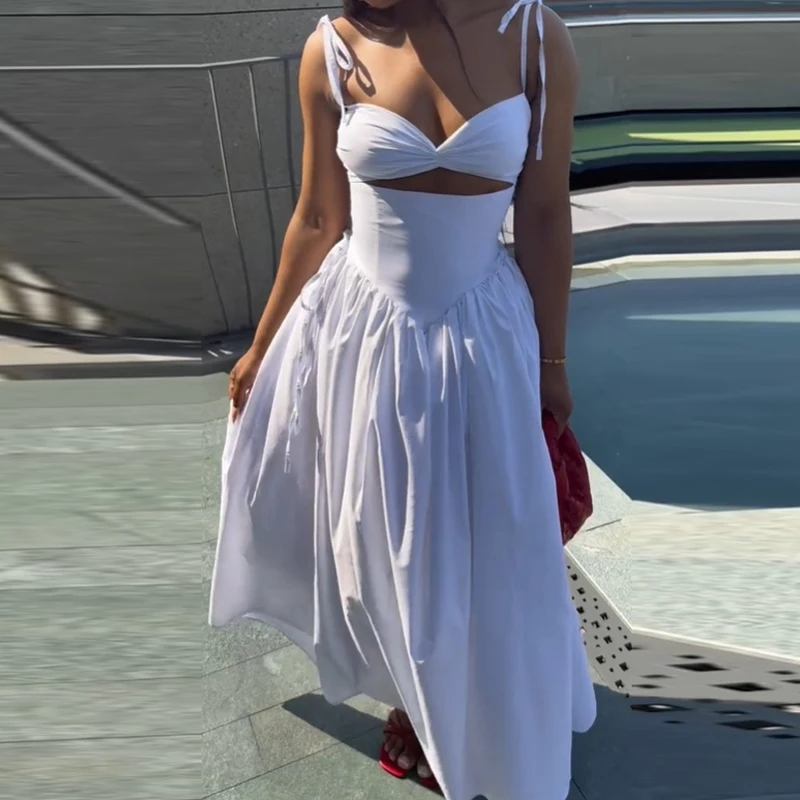 Elegantes, solides Bikini-A-Linien-Sling-Kleid für Damen, rückenfrei, ärmellos, aushöhlen, mit Schleife, Rüschen, Patchwork-Robe, 2025, neue Partykleider – Detail 9