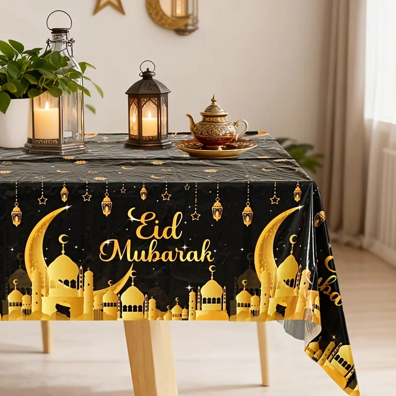 1pc, Eid Mubarak Disposable Plastic Tablecloth, 86.61 X 51.18inch, Black Golden Moon Castle Pattern Tablecover, Ramadan Decorati