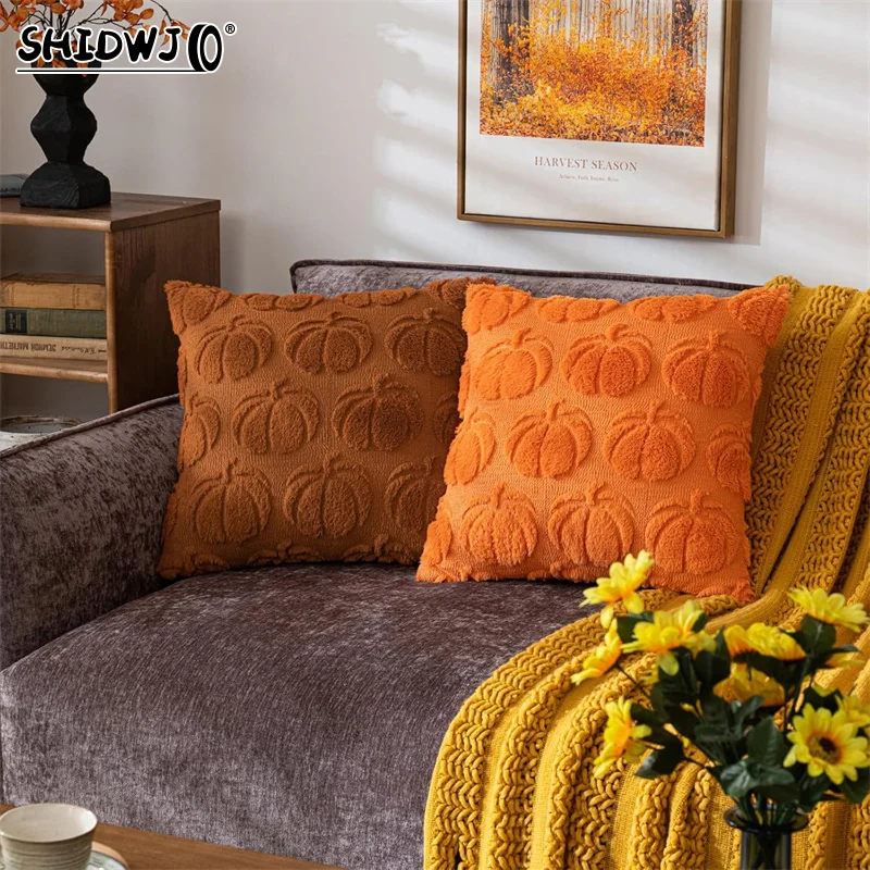 Car Pillow Covers Decorations Autumn Orange Pumpkin Throw Pillow Cases Soft Plush Faux Fur Wool Couch Cushion Case