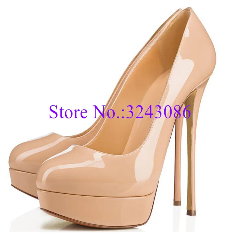 

Nude Color Patent Leather Platform Lady Pumps Sexy Gladiator Thin Heel Dress Shoes Woman Fashion Large Size Single Shoes