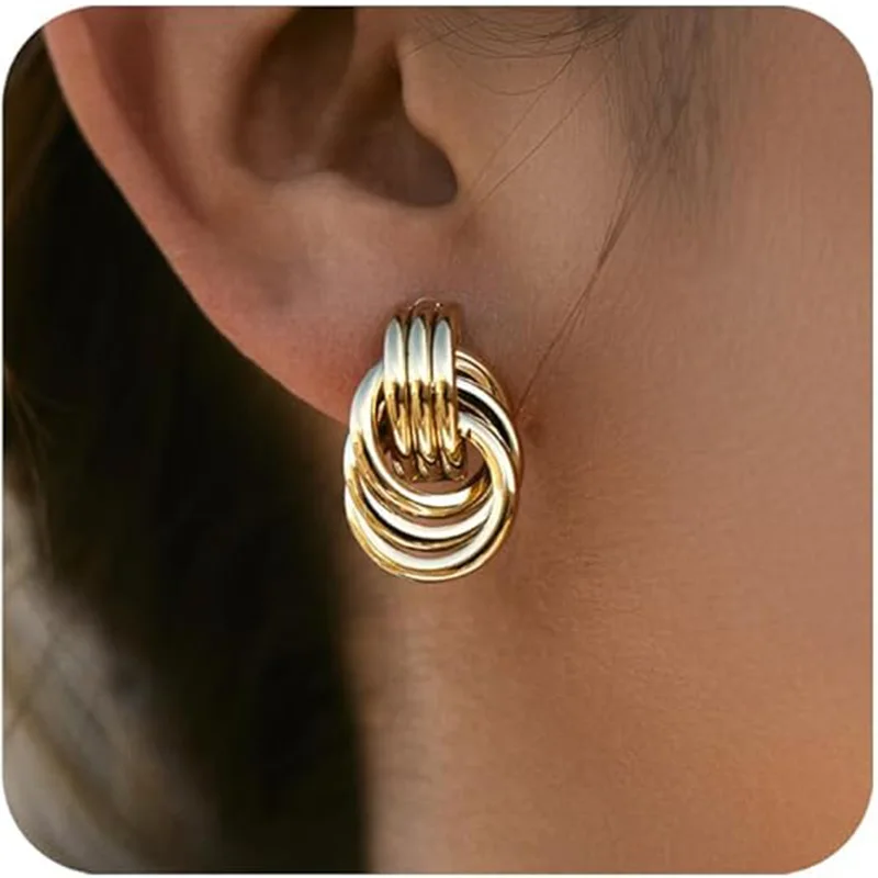 

Позолоченные серьги-кольца 18K с узлами и геометрическим узором для женщин, модные серьги-гвоздики, трендовые украшения