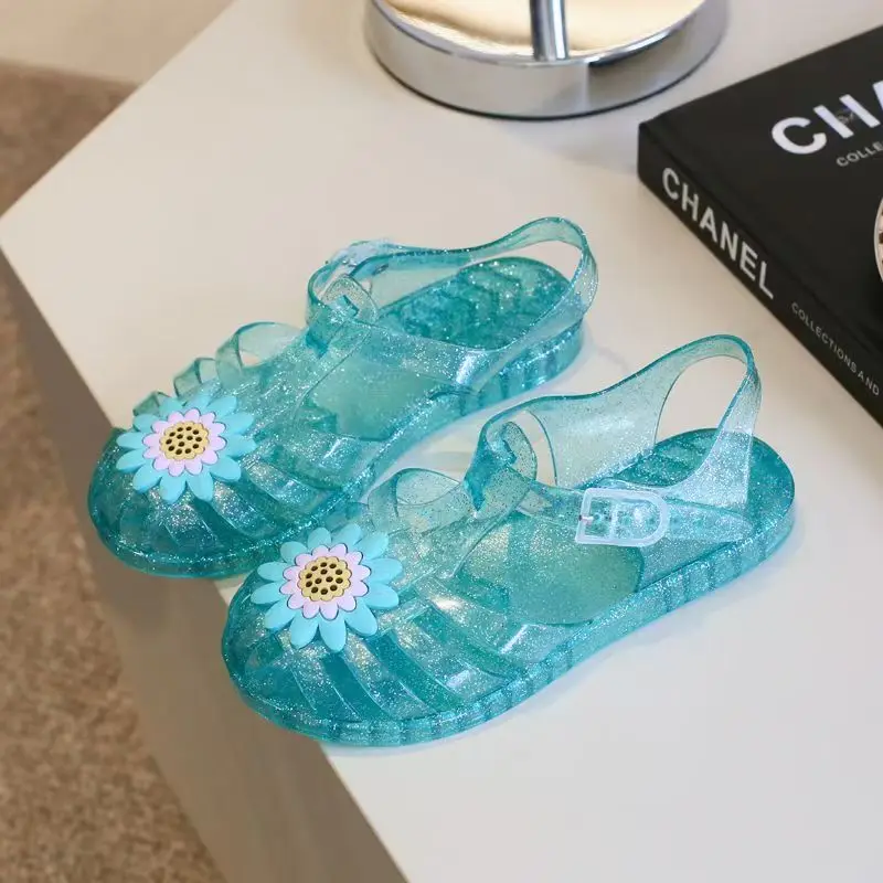 

Girl's Baotou Hollow Out Flat sole Crystal Sandals Summer New Soft sole Non Slip Waterproof Outdoor Beach Sandal Princess Sandal