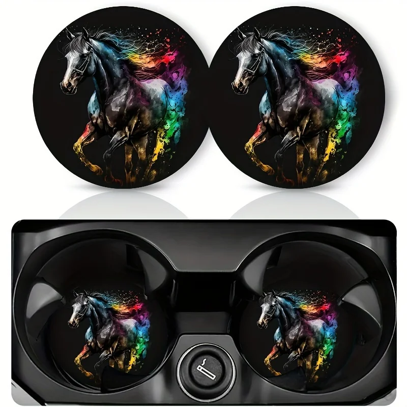 2pcs Set Vibrant Horse Pattern Car Coasters - Non-Slip, Shock-Absorbing & Form-Fitting - Stylish Car Interior Accessories & Perf