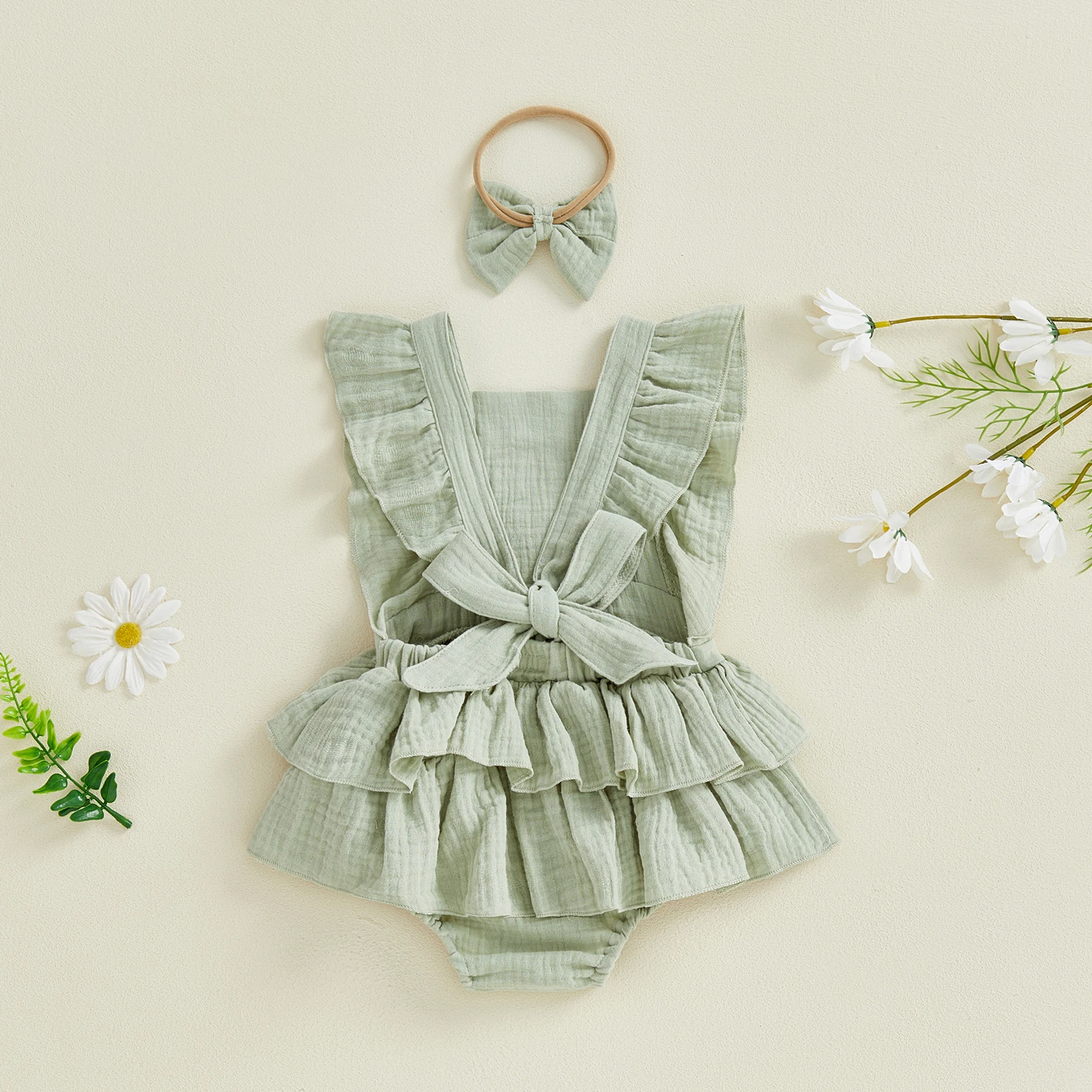 

Summer Newborn Baby Girls Ruffles Rompers Dress Cotton Line Solid Color Sleeveless Jumpsuits Skirts with Headband Outfits