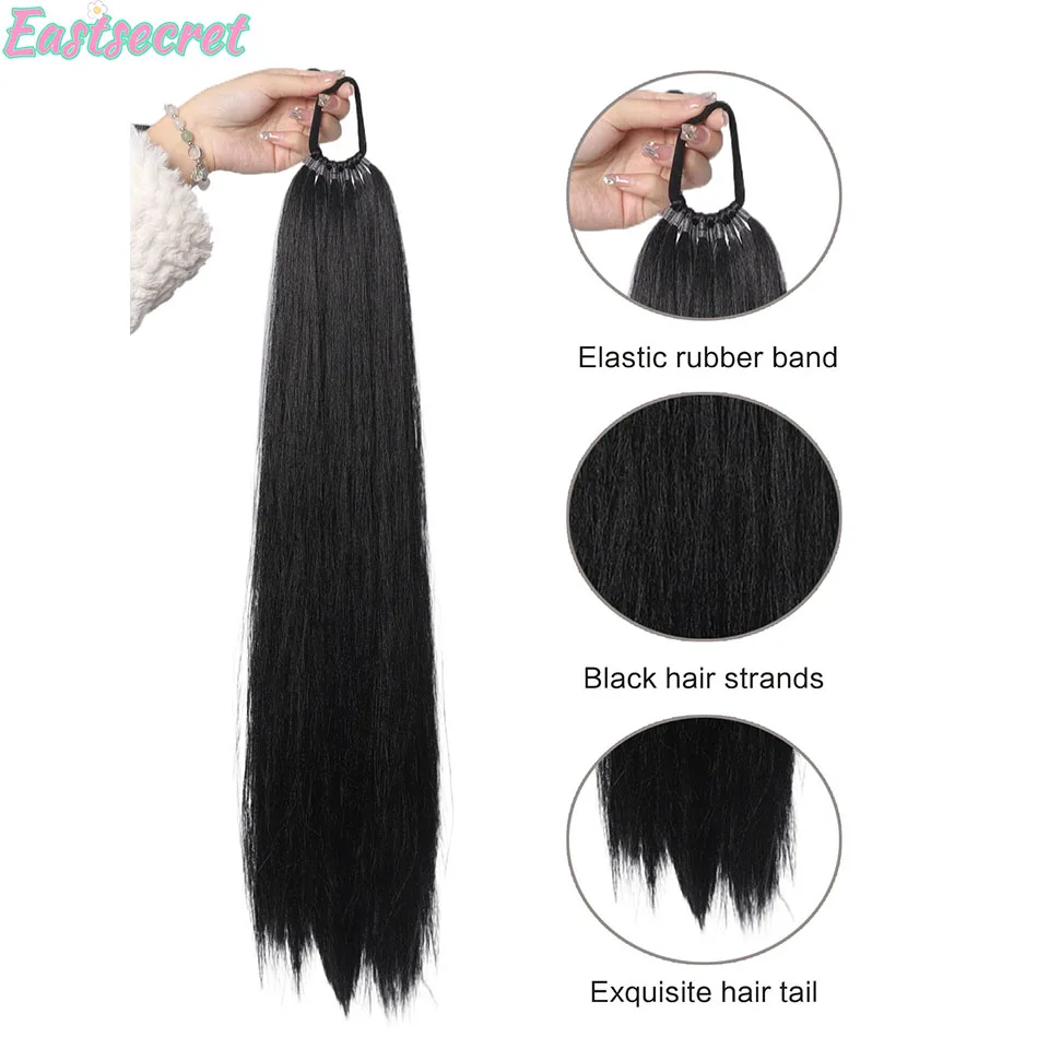 EAST10-Synthetic Long Straight Ponytail com elástico para as mulheres, envoltório em torno do rabo de cavalo preto, acessórios de extensão do cabelo