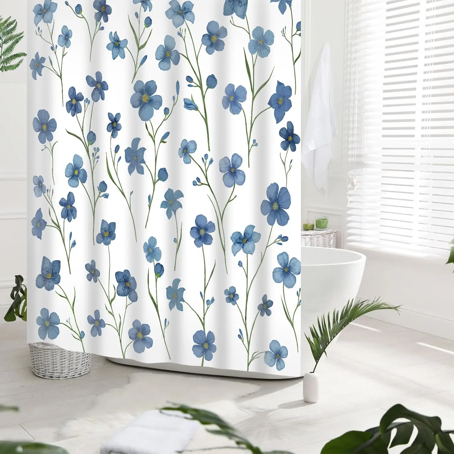 Extra Long Floral Shower Curtain, Navy Blue Spring Flower Watercolor Modern Bathroom Curtains with 12 Hooks, 72 x 84 Inches