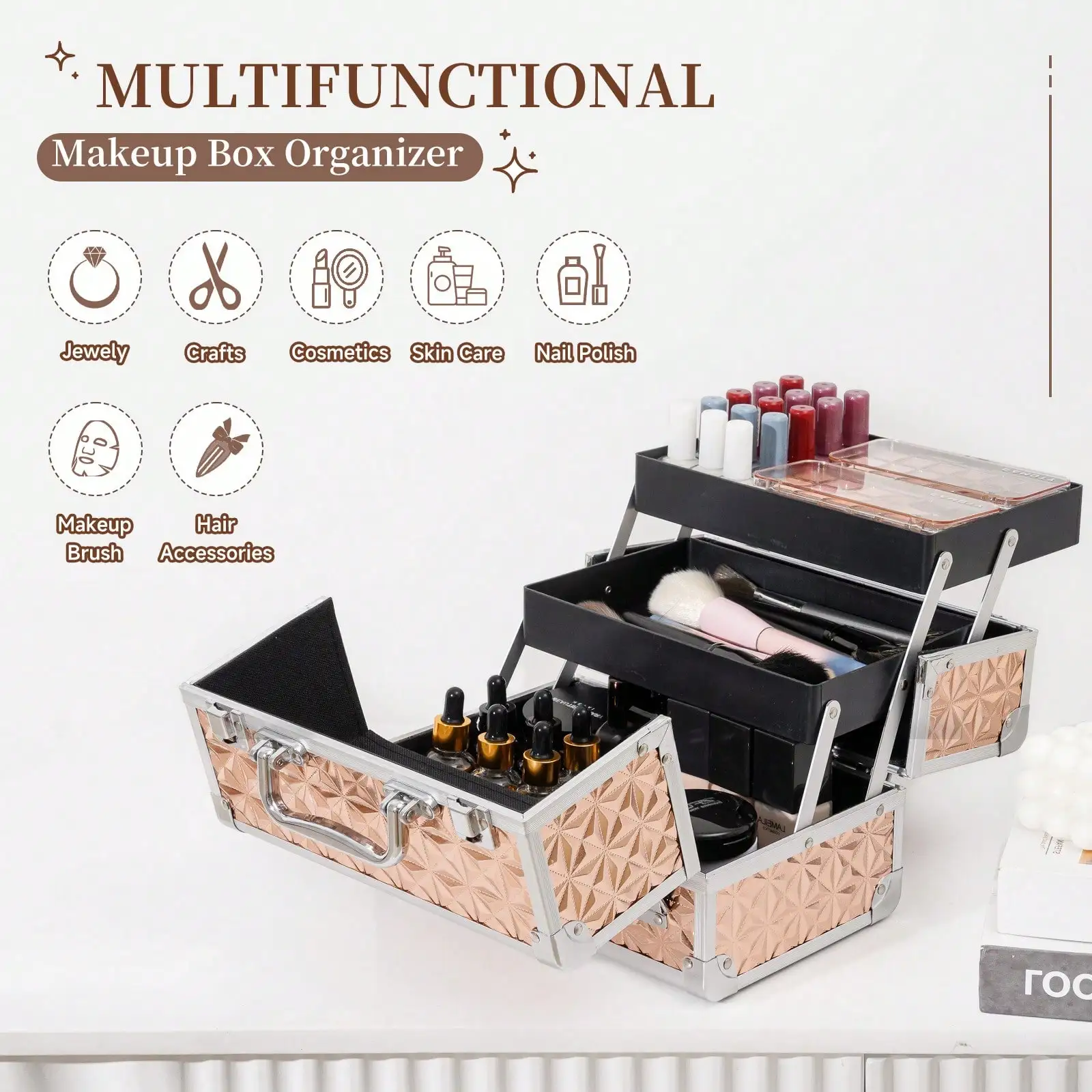 Makeup Train Case, Cosmetic Box, Portable Makeup Case Organizer 2 Trays Makeup Storage For Cosmetologist Aesthetic Supplies Nail Tech Traveling Makeup Box - view 4