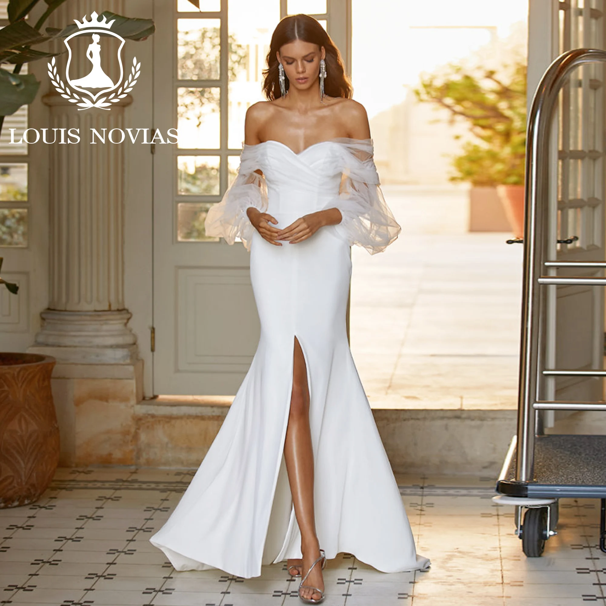 

LOUIS NOVIAS Mermaid Puff Sleeve Wedding Dresses Sweetheart Thigh Split Flowy Sheath Satin Wedding Gown Vestidos De Novia