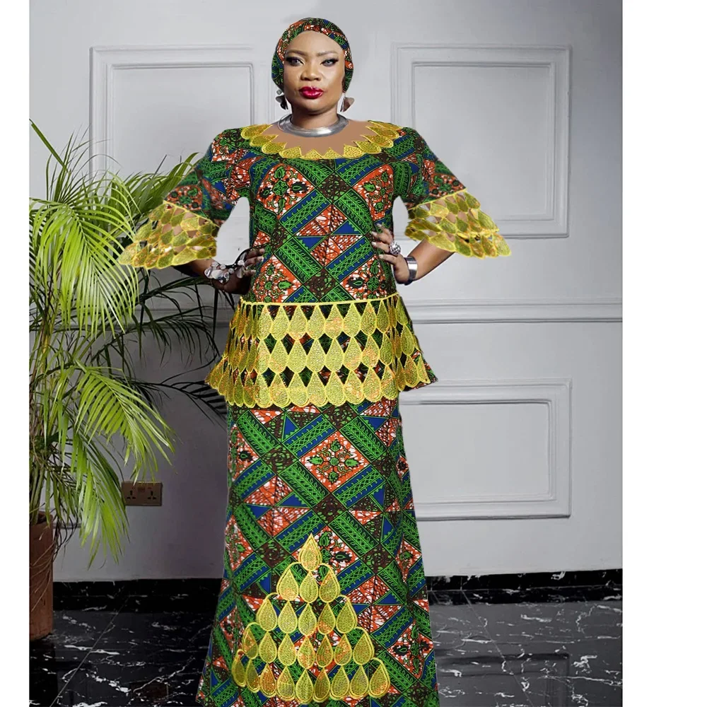 Plus Size African Clothes for Women 2024 Dashiki Ankara Embroidery Wedding Party Evening Top Skirt Matching Sets With Headscarf