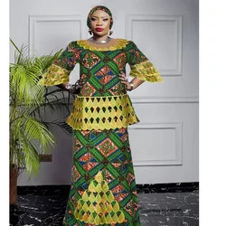 Plus Size African Clothes for Women 2024 Dashiki Ankara Embroidery Wedding Party Evening Top Skirt Matching Sets With Headscarf