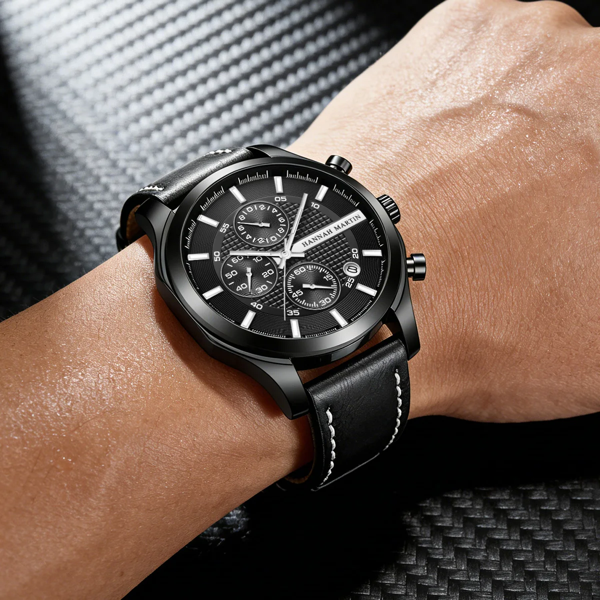 Black Men Watch Leather Strap Sports Fashion 44mm Multifunctional Timing SubDial Quartz Movement Original Man Watch reloj hombre