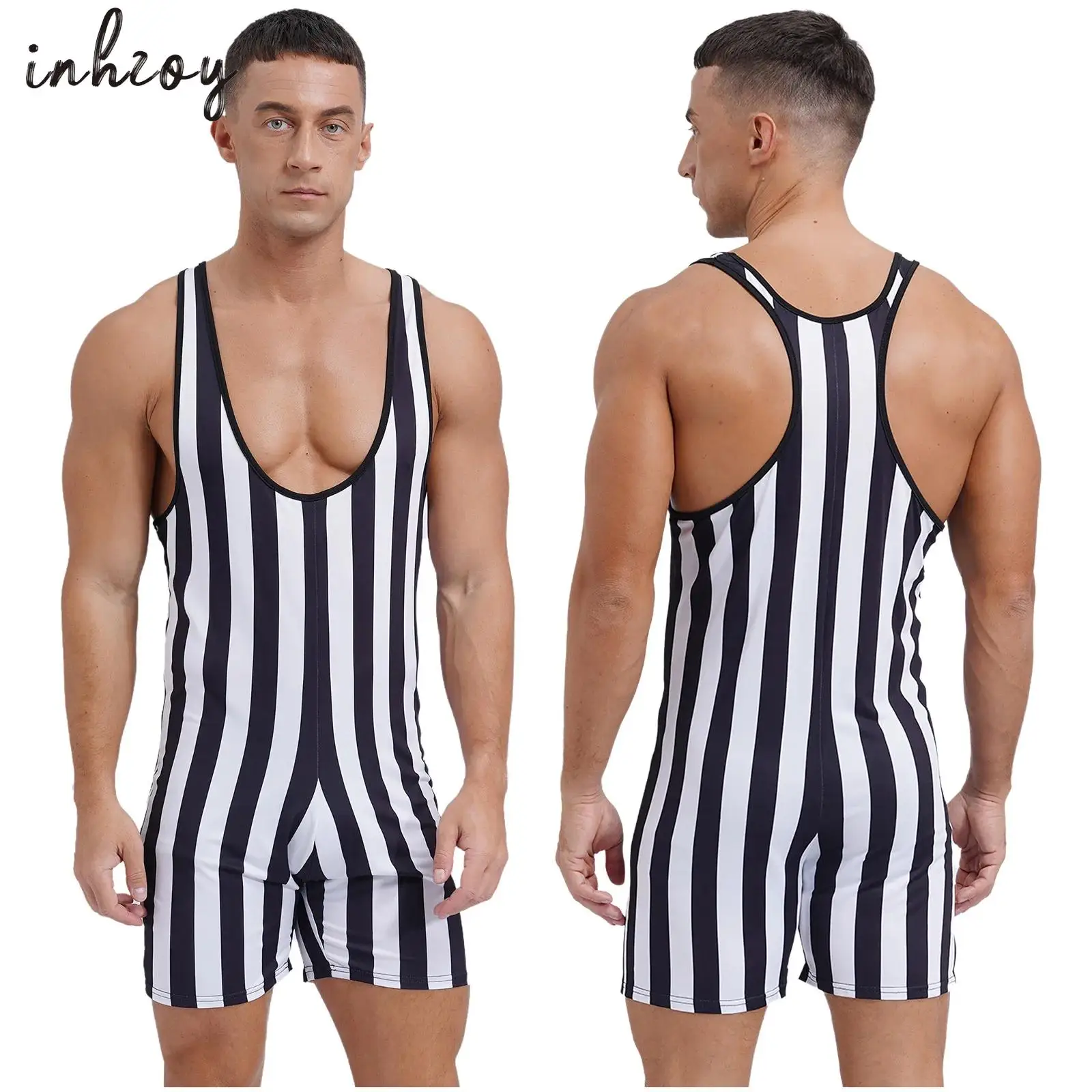 Mens Sleeveless Wrestling Singlet Striped Fitness Jumpsuits Leotard Underwear Stretchy Slim Fit Boxer Shorts Rompers Shapewear