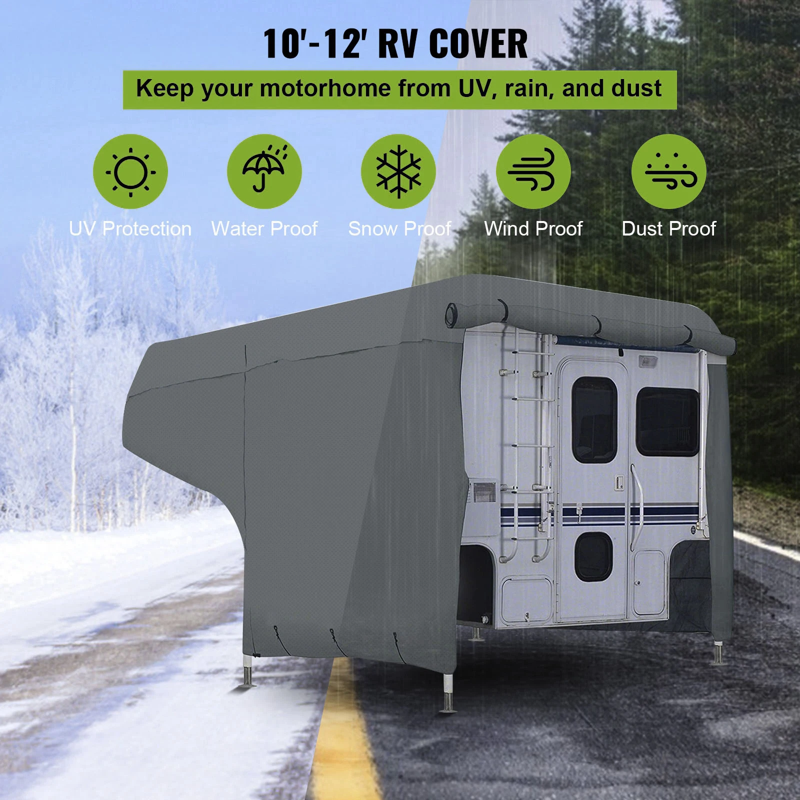 VEVOR Travel Trailer RV Cover Composite Non-woven Fabric Shelter With 2 Adhesive Patchs Camper Cover Fit for 8-10 / 10-12 FT RV