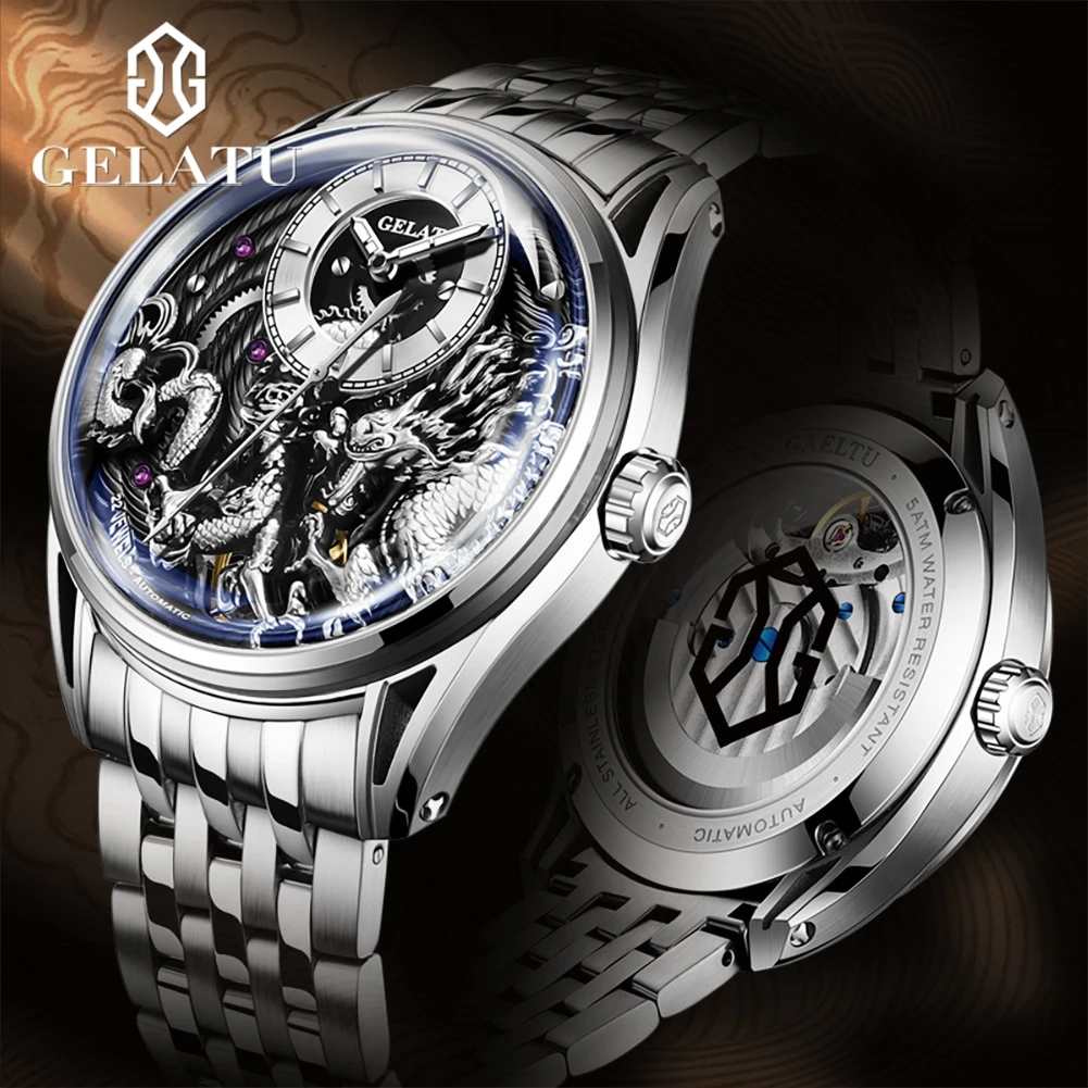 GELATU 6018 Luxury Original Men Watch 3D Relief Dragon Automatic Mechanical Men's Watch Top Sapphire Mirror Waterproof Men Watch