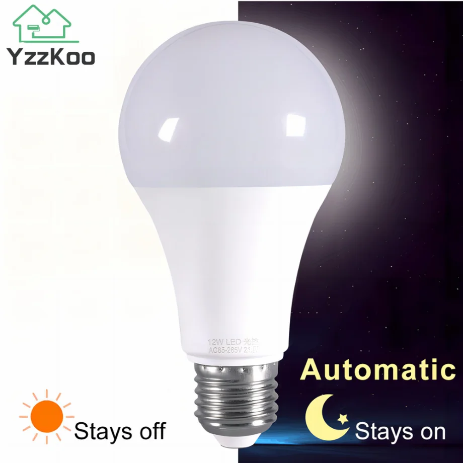 YzzKoo LED E27 Light control Sensor Light Bulb 12W 9W 7W AC85-265V Day Night Light Auto ON OFF Patio Porch Smart Lamp For Garden 