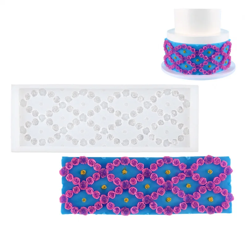 

3D Flower Cake Border Mold - Silicone Wave Rose & Leaf Mold with Pearl Details for Fondant/Chocolate Decoration 2pcs