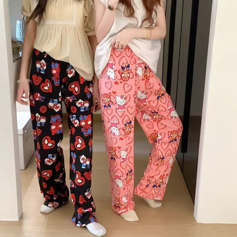 ハローキティ漫画キティ猫ピンクプリントパジャマパンツ女の子のための夏薄いカジュアルルーズホームウェア快適なウォークパンツ