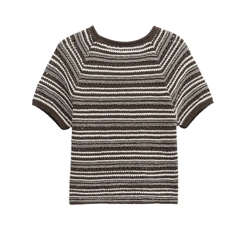 بلوزة نسائية مخططة محبوكة بأكمام قصيرة وتصميم أنيق لربيع وصيف 2025، نمط عملي بطول عادي #3