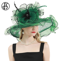 FS Summer Green Kentucky Hats For Women Organza Polka Dot Sun Visor Cap Feather Flower Wedding Church Cocktail Party Fedora 2023