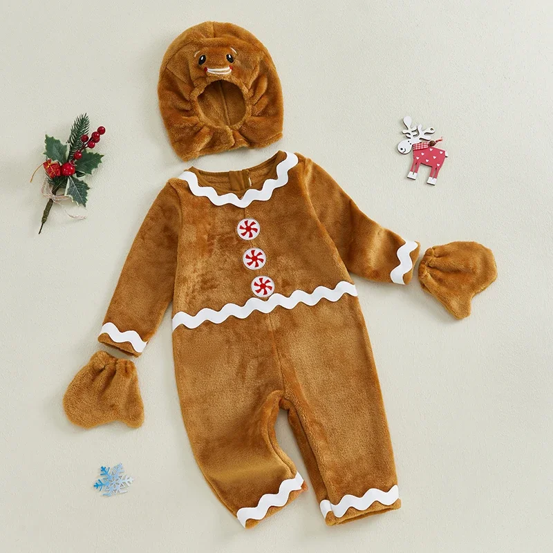 SUNSIOM 0-18 Months Baby Christmas Gingerbread Outfit Fleece Long Sleeve Jumpsuit Hat Gloves for Christmas Halloween Party