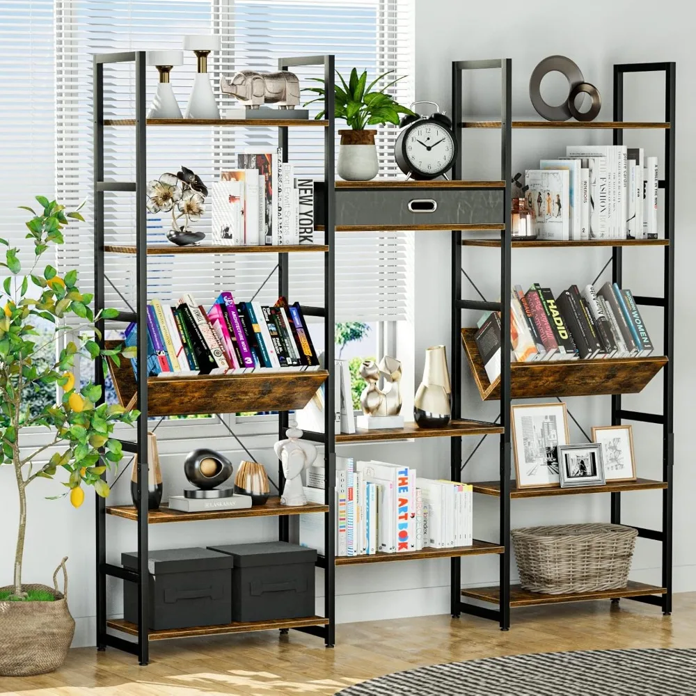 Triple Wide 5 Tier Bookshelf, Adjustable Rustic Industrial Style Book Shelves, Modern Bookcases and Bookshelves Furniture