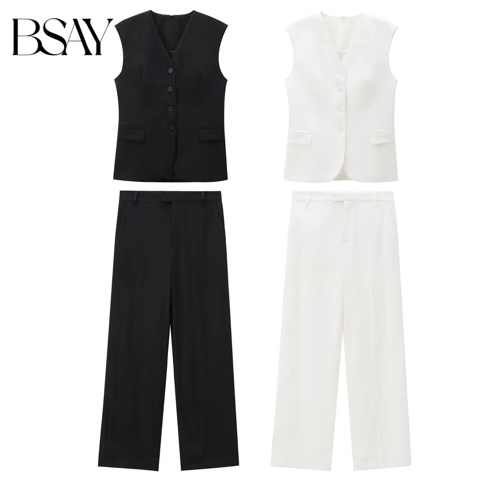 

BSAY Women Fashion Suit V Neck Sleeveless Waistcoat High Waist Straight Wide Leg Pants Business Commuter Workwear Matching Set