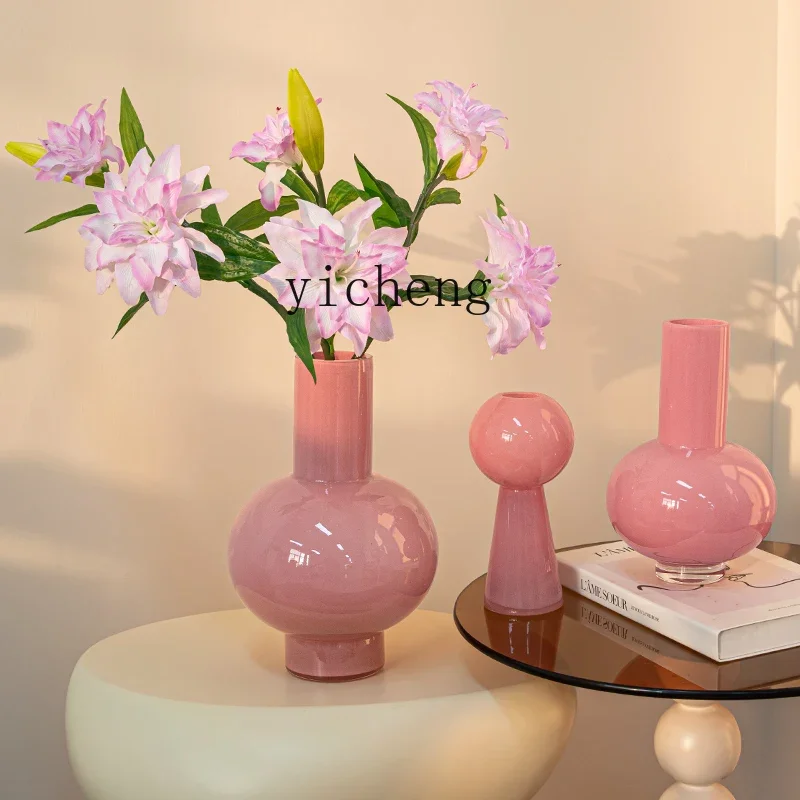 

ZK Nordic simple pink glass vase, living room dining table, advanced flower arrangement, modern light luxury decoration ornament
