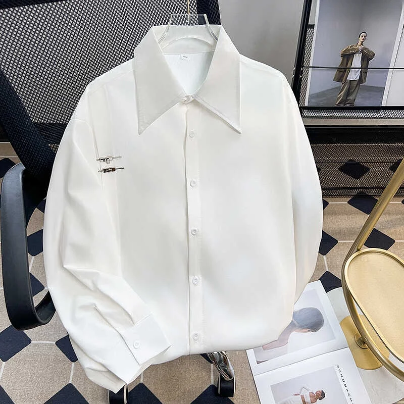 

High-End Metal Bule Ice Silk Long Sve Loose Men's irt Trendy Chinese Sle Casual Faion Summer Youth Square Collar