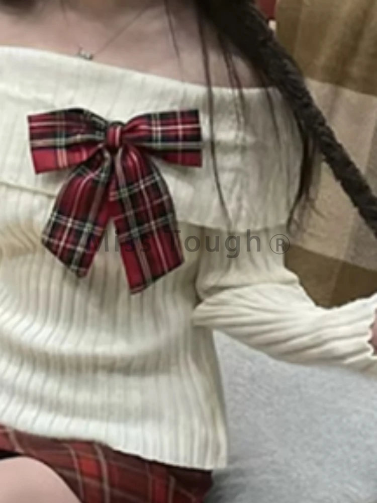 Autumn Winter Solid Knit 2-piece Set Women High Street Bow Long Sleeve Off Shoulder Sweater Women + Plaid Thin Short Skirt Suit