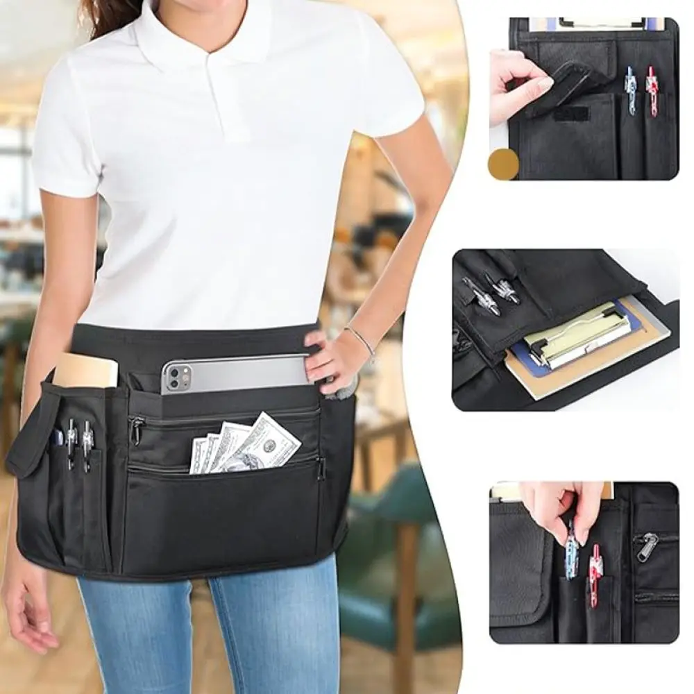 Multi Pocket Utility Half Apron Zippered Organizer Pouch Professional Work Wear For Cafe Restaurant Server Staff Uniform