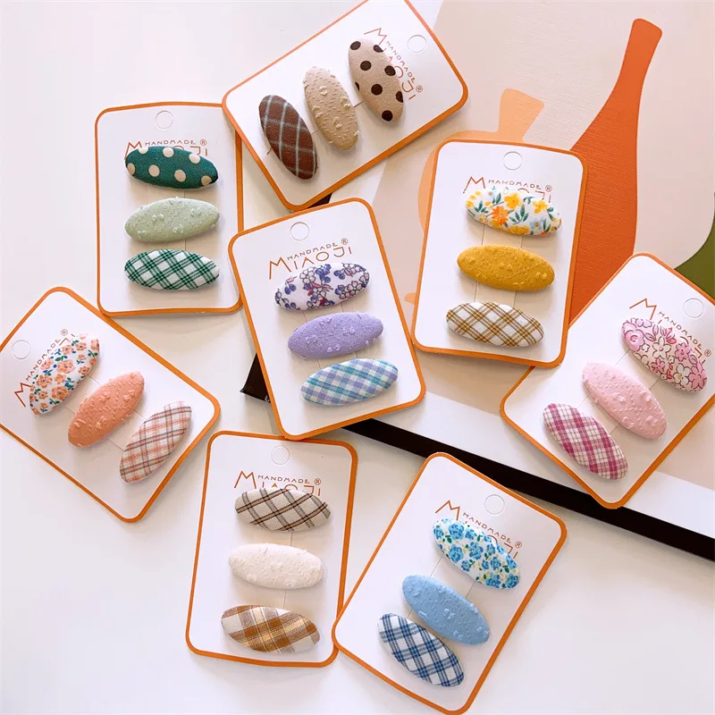 3pcs /set kids Cute Plaid Print Hair Clip Sweet Pink  Hairclip For Baby Girls Flower Barettes Child Kawaii Blue Accessories